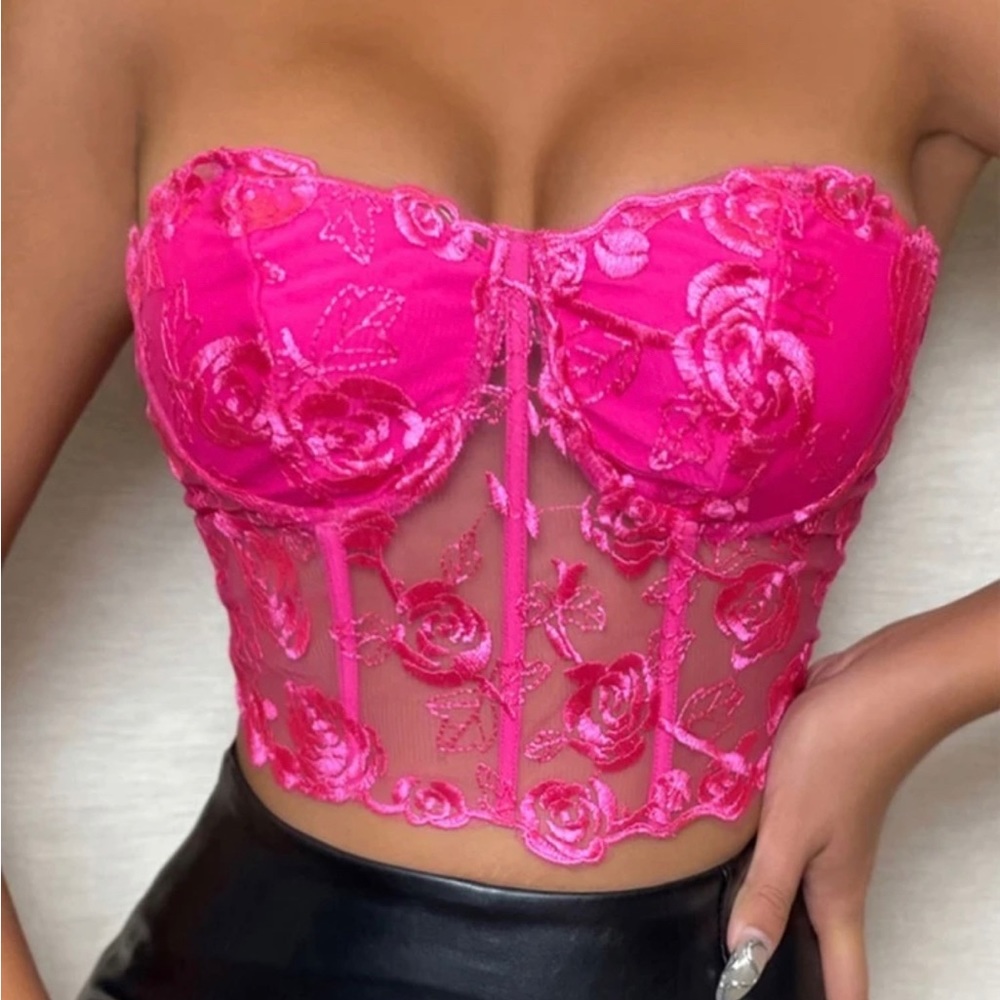 Pink mesh floral embroidered corset